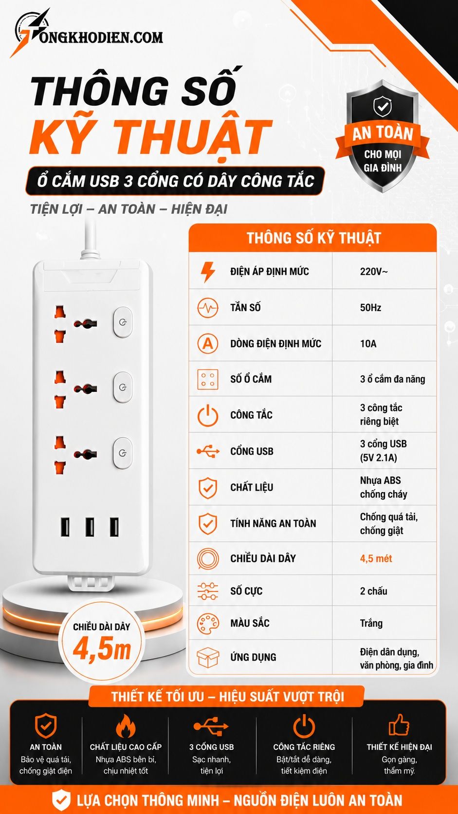 Ổ Cắm USB 3 Cổng Có Dây Công Tắc Dài 4,5m 7 Thông số kỹ thuật ổ cắm USB 3 cổng dây 4.5m