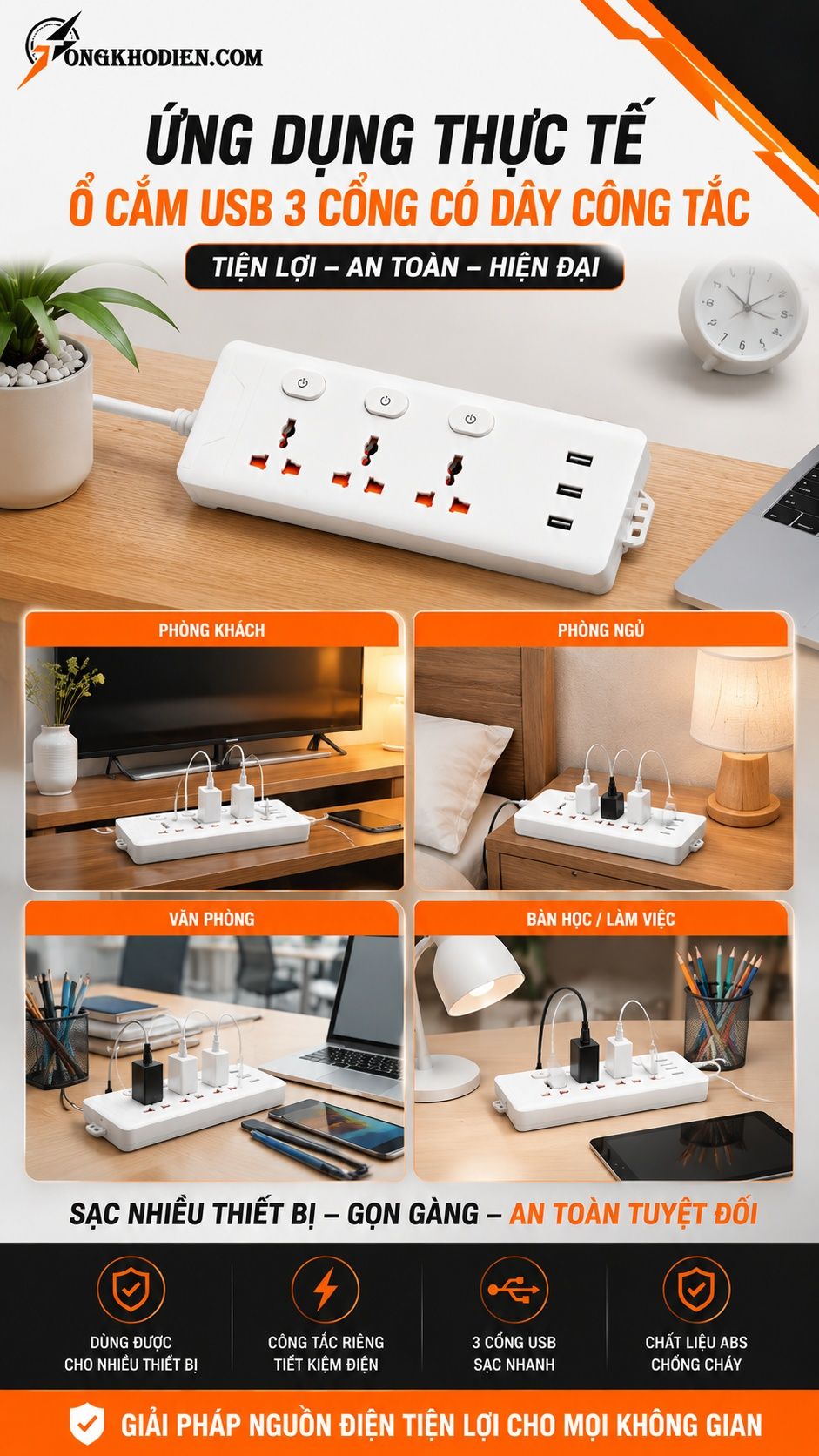Ổ Cắm USB 3 Cổng Có Dây Công Tắc Dài 4,5m 8 Ứng dụng thực tế ổ cắm USB 3 cổng dây dài 4.5m