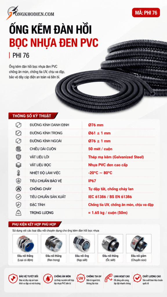 Ống Kẽm Đàn Hồi Bọc Nhựa PVC Phi 76 Chống Nước Độ Bền Cao 9 ống kẽm đàn hồi bọc nhựa PVC phi 76