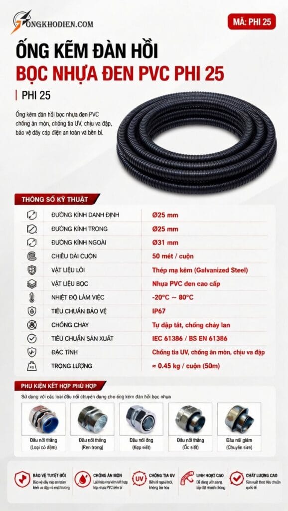 ống kẽm đàn hồi bọc nhựa phi 25