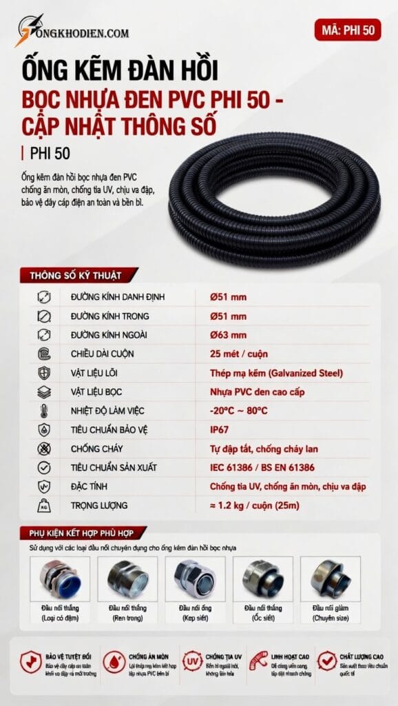 Ống Nhựa Lõi Thép Bọc Nhựa Đen PVC Phi 50 Chống Nước Bền Bỉ 9 ống nhựa lõi thép bọc nhựa đen PVC phi 50