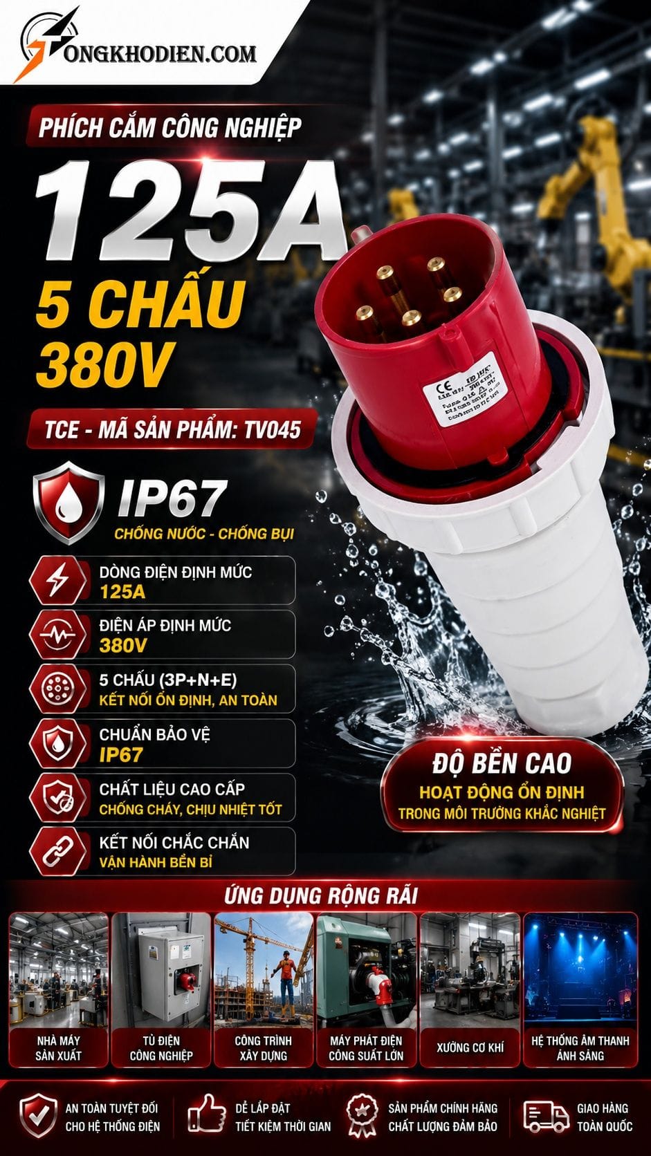 Phích Cắm Công Nghiệp 125A 5 Chấu 380V IP67 7 Phích cắm công nghiệp 125A 5 chấu 380V IP67 TCE