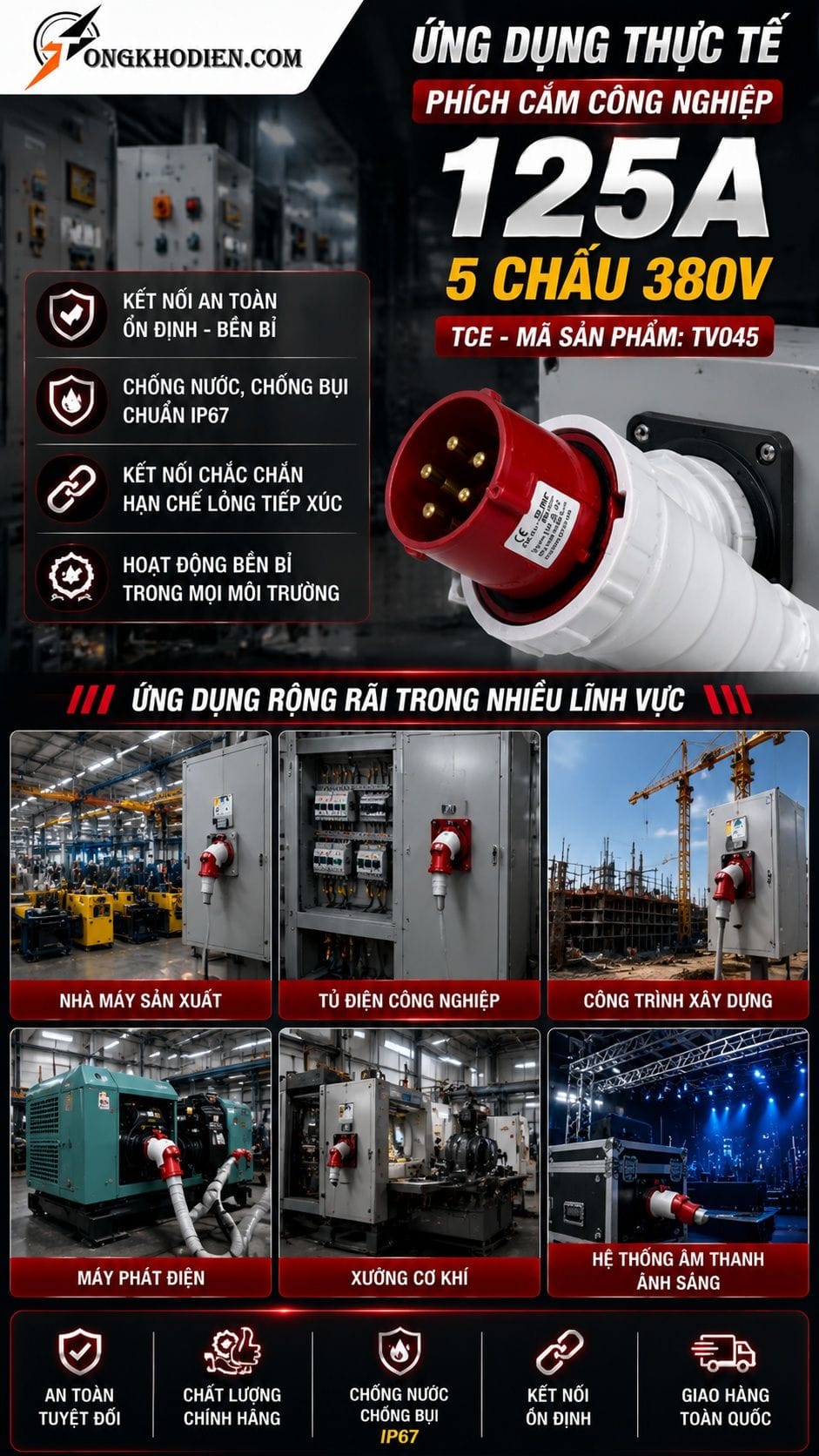 Phích Cắm Công Nghiệp 125A 5 Chấu 380V IP67 9 Ứng dụng thực tế phích cắm công nghiệp 125A 5 chấu 380V IP67