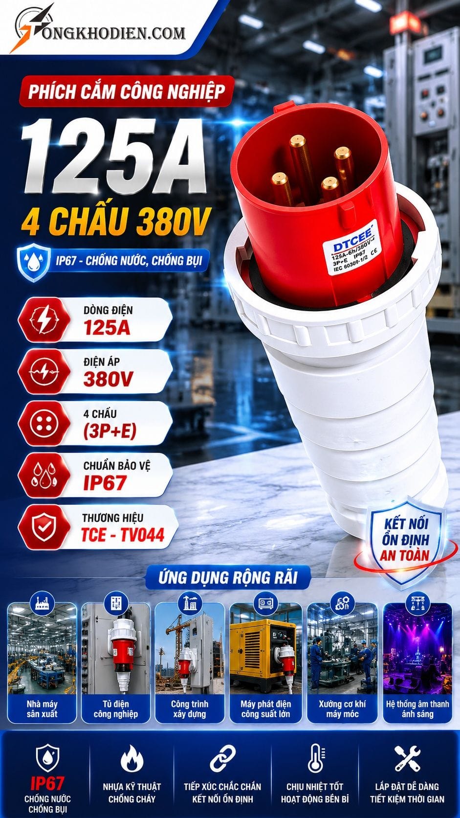 Phích Cắm Công Nghiệp 125A 4 Chấu 380V IP67 7 Phích cắm công nghiệp 125A 4 chấu 380V IP67 TCE