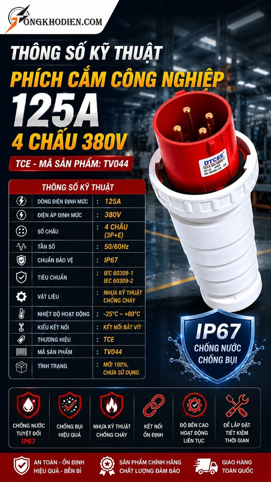 Phích Cắm Công Nghiệp 125A 4 Chấu 380V IP67 8 Thông số kỹ thuật phích cắm công nghiệp 125A 4 chấu 380V IP67