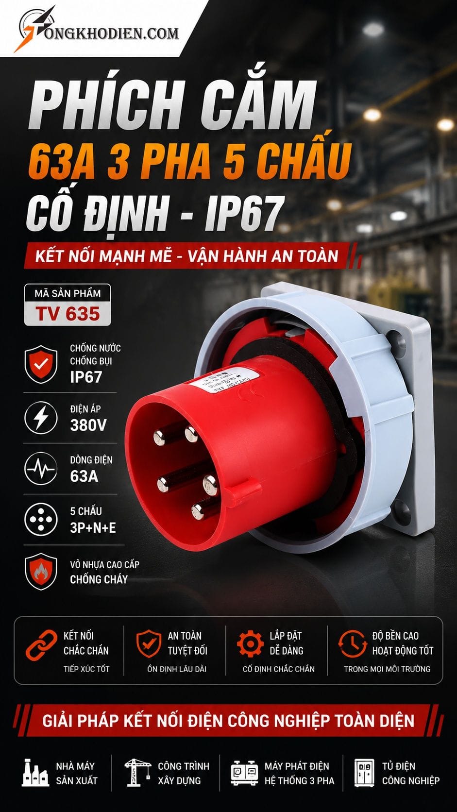 Phích Cắm 63A 3 Pha 5 Chấu Cố Định IP67 TCE 4 Phích cắm 63A 3 pha 5 chấu cố định IP67 TCE