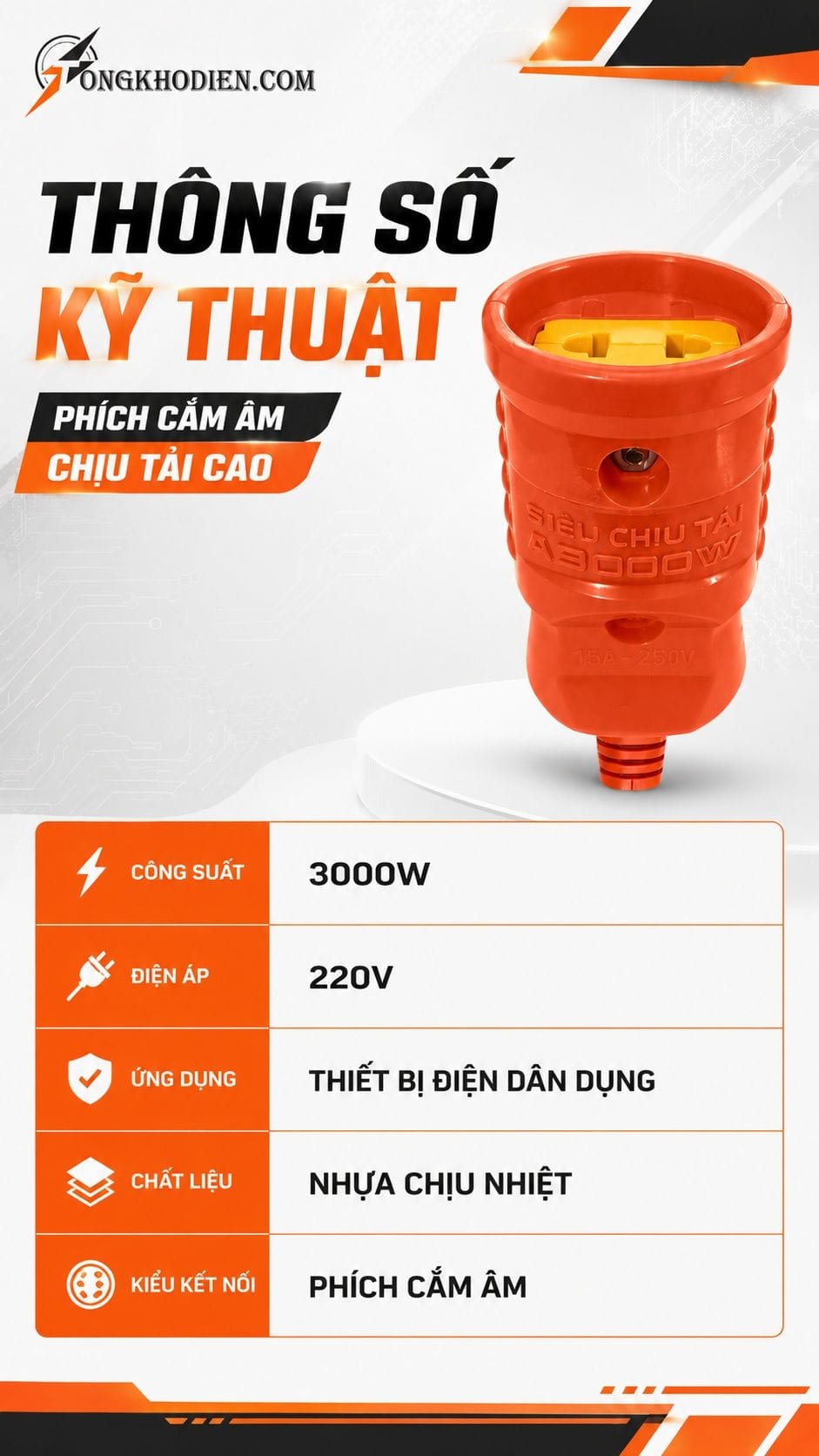 Phích Cắm Âm Chịu Tải Cao An Toàn Dân Dụng 9 Thông số kỹ thuật phích cắm âm chịu tải cao