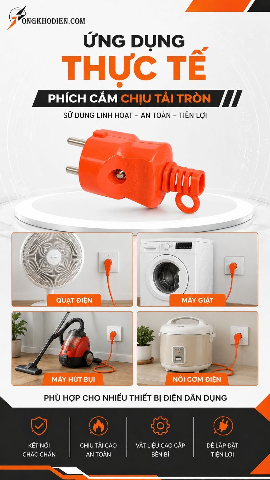 Phích Cắm Chịu Tải An Toàn Cho Thiết Bị Điện 9 Ứng dụng thực tế phích cắm chịu tải tròn