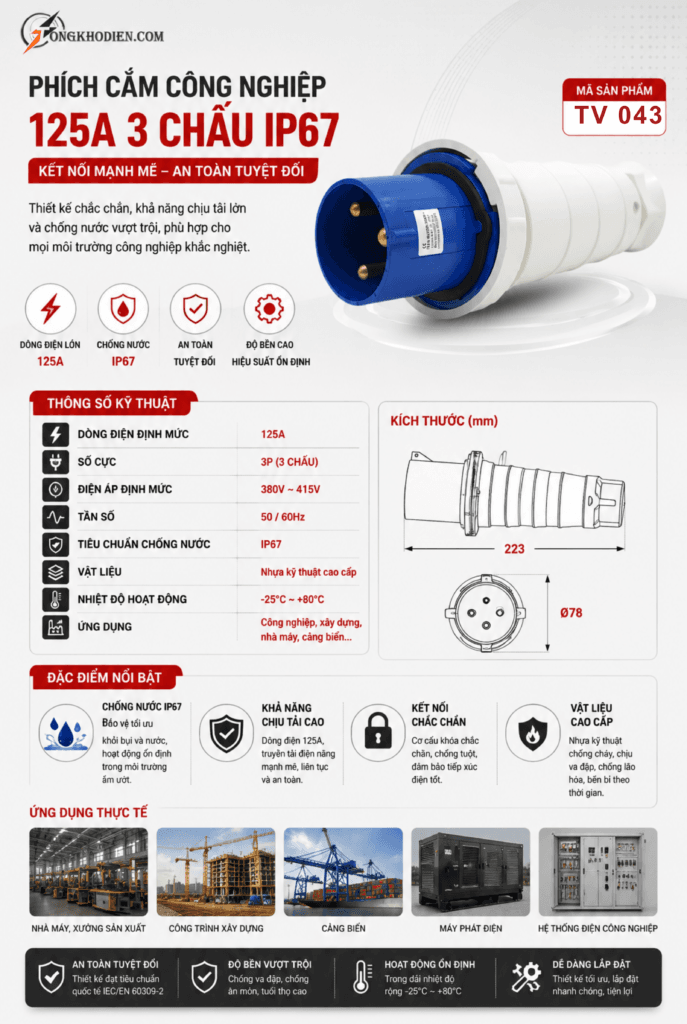 phích cắm công nghiệp 125A 3 chấu 220V