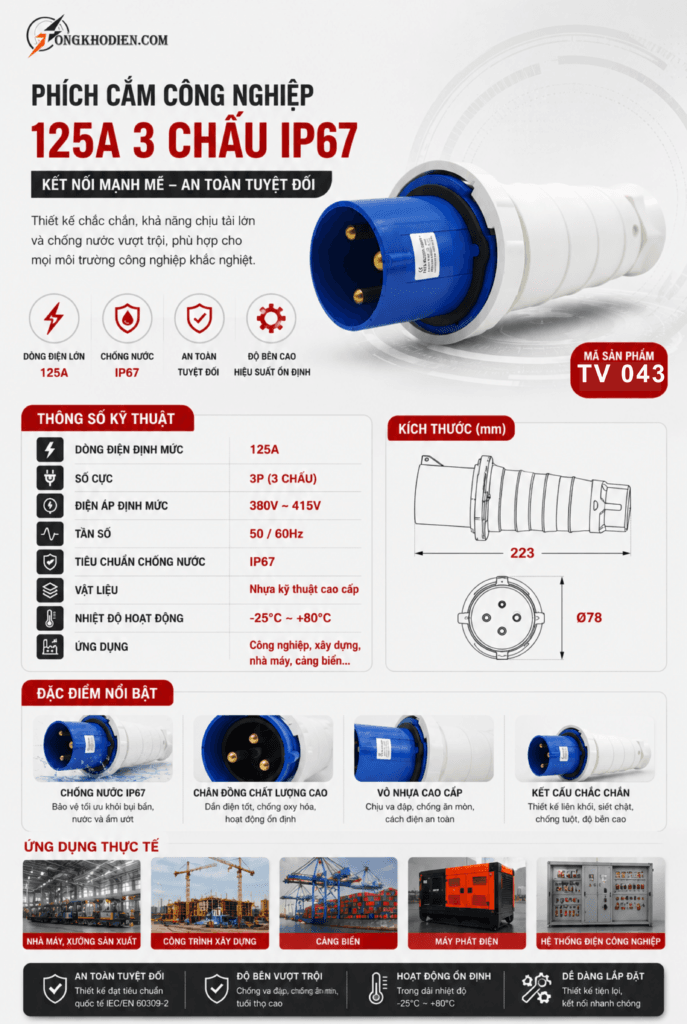 phích cắm công nghiệp 125A 3 chấu 220V