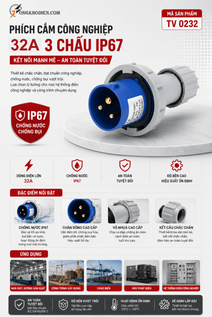 Phích Cắm Công Nghiệp 32A 3 Chấu 220V IP67 Chống Nước 9 phích cắm công nghiệp 32A 3 chấu 220V IP67