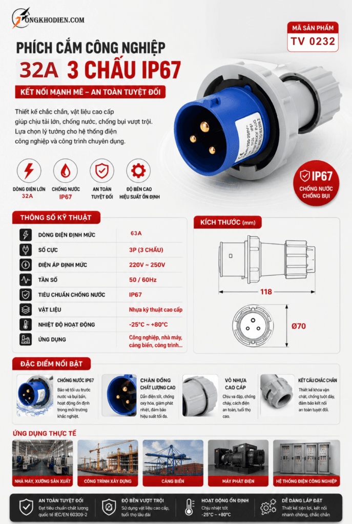 Phích Cắm Công Nghiệp 32A 3 Chấu 220V IP67 Chống Nước 10 phích cắm công nghiệp 32A 3 chấu 220V IP67