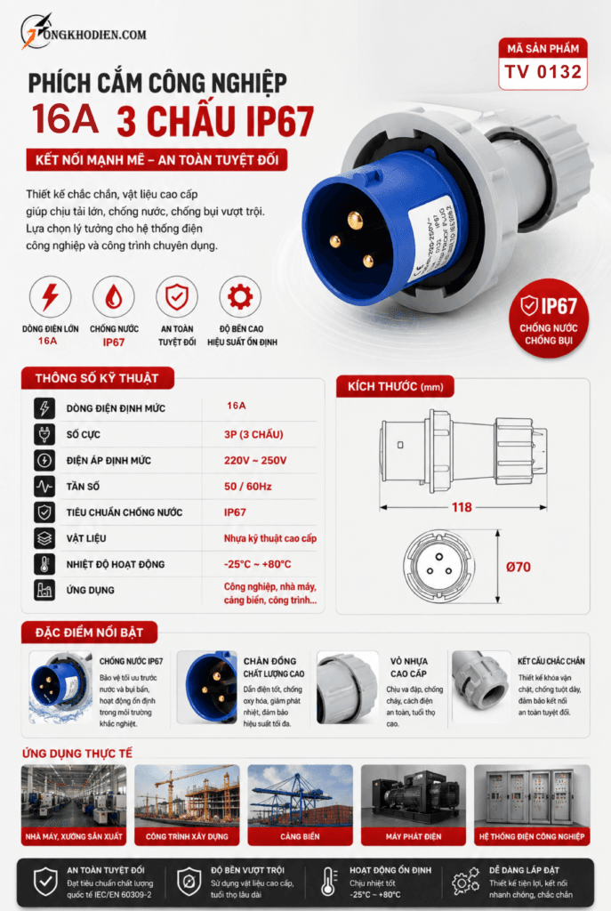 Phích Cắm Công Nghiệp 16A 3 Chấu 220V IP67 Chống Nước 7 Phích Cắm Công Nghiệp 16A