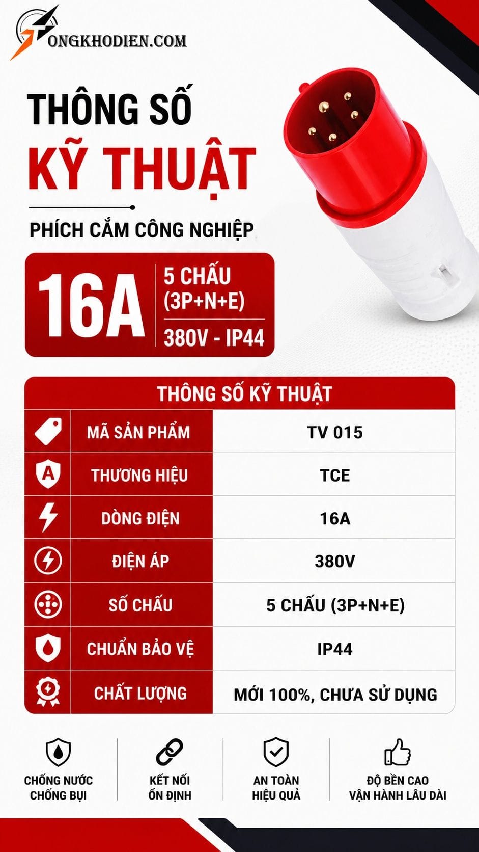 Phích Cắm Công Nghiệp 16A IP44 TCE 5 Chấu 380V 8 Thông số kỹ thuật phích cắm công nghiệp 16A IP44