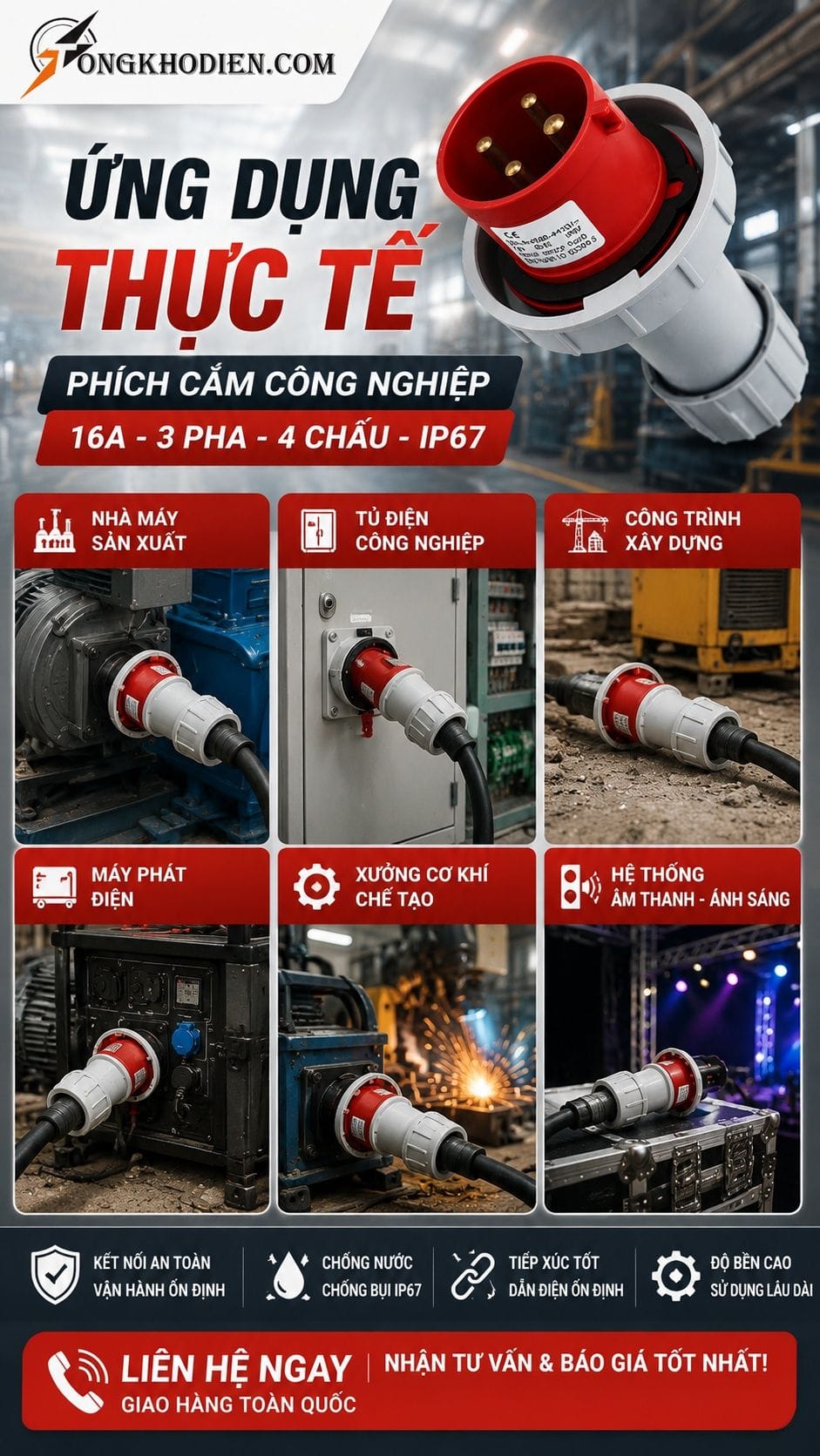 Ứng dụng thực tế phích cắm công nghiệp 16A 3 pha 4 chấu IP67