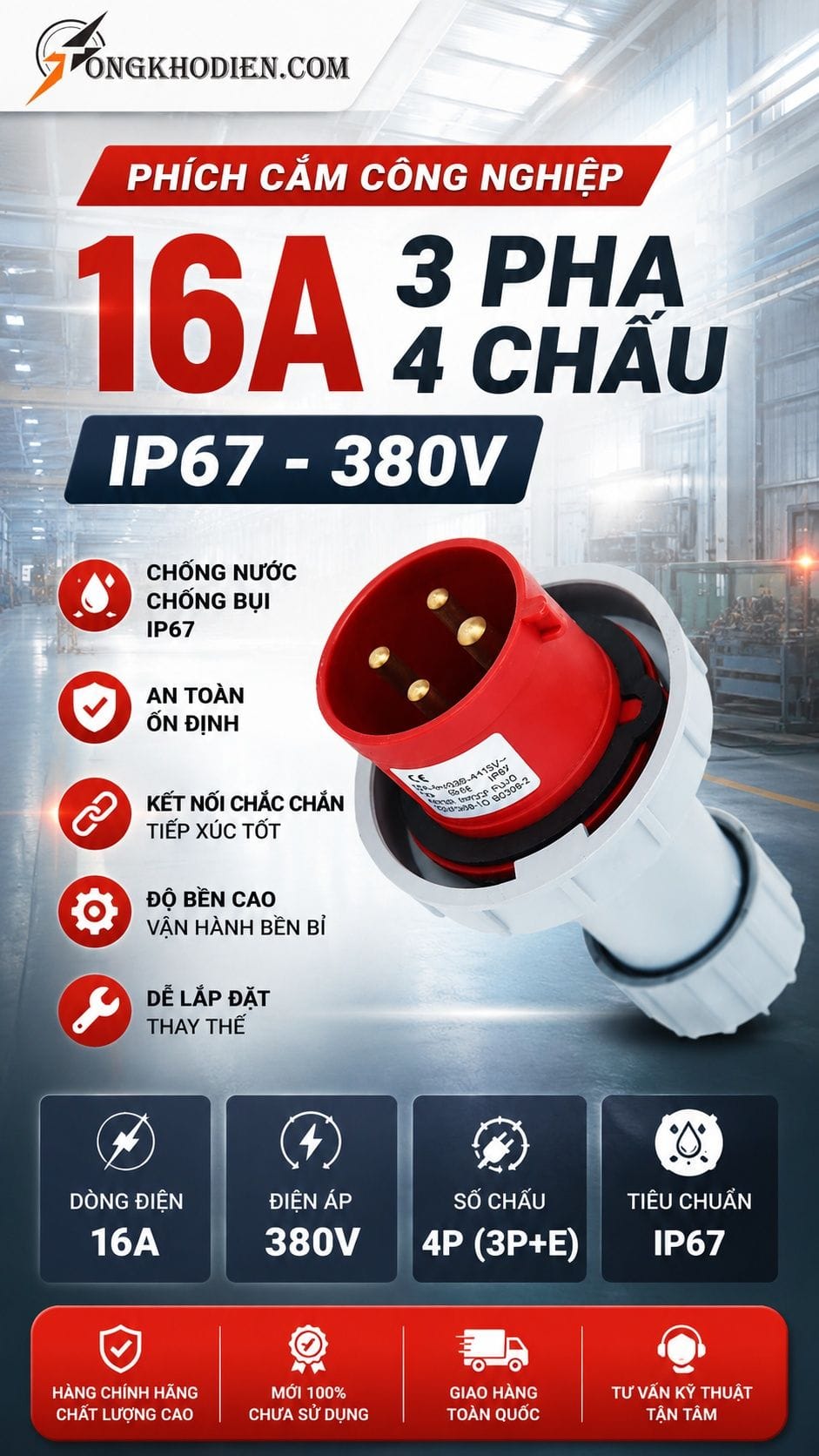 Phích cắm công nghiệp 16A 3 pha 4 chấu IP67 TCE
