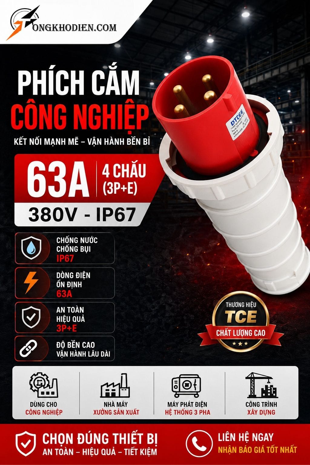 Phích Cắm Công Nghiệp 63A IP67 TCE 4 Chấu 380V 7 Phích cắm công nghiệp 63A IP67 TCE 4 chấu 380V