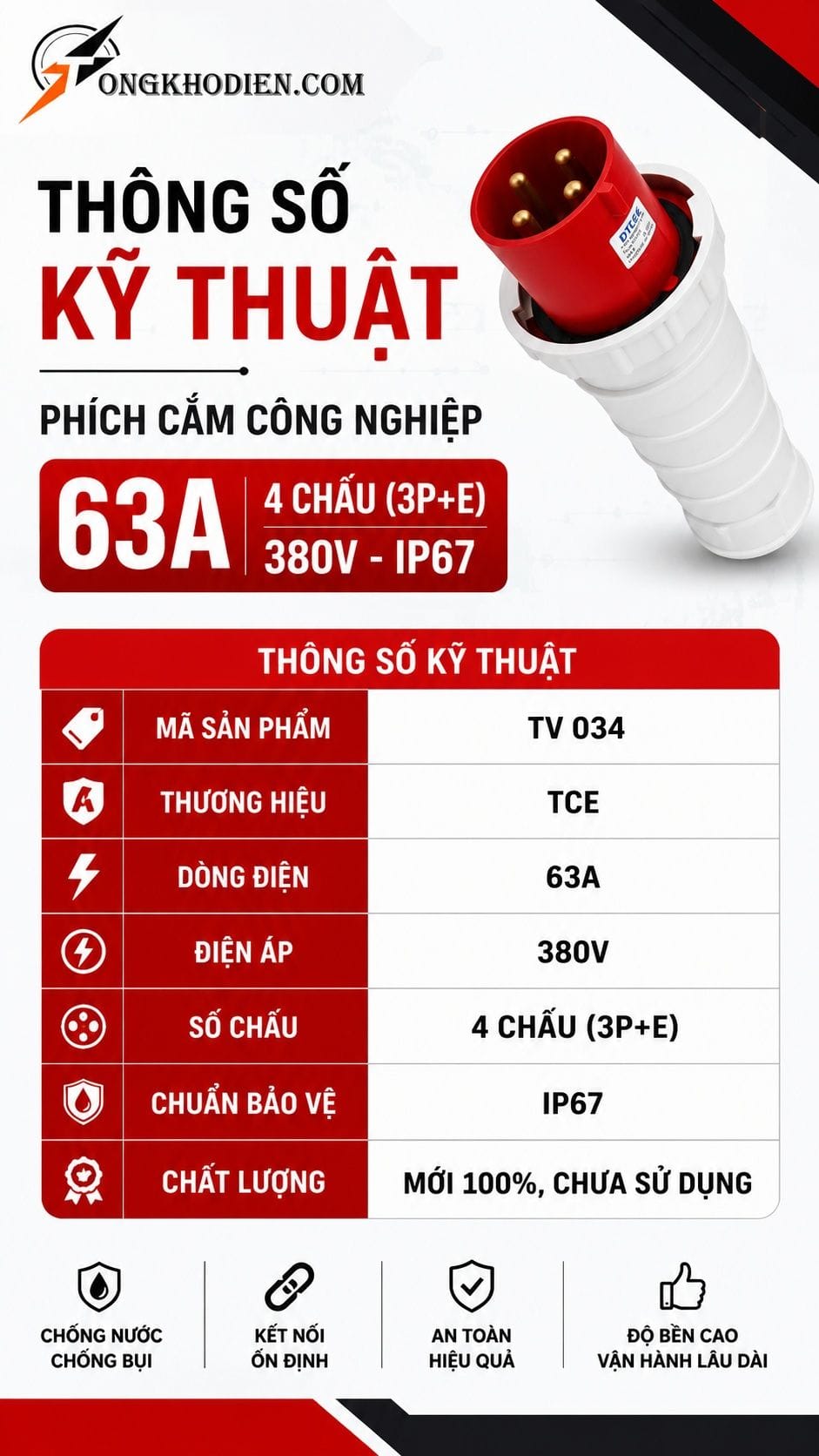 Phích Cắm Công Nghiệp 63A IP67 TCE 4 Chấu 380V 8 Thông số kỹ thuật phích cắm công nghiệp 63A IP67 TCE