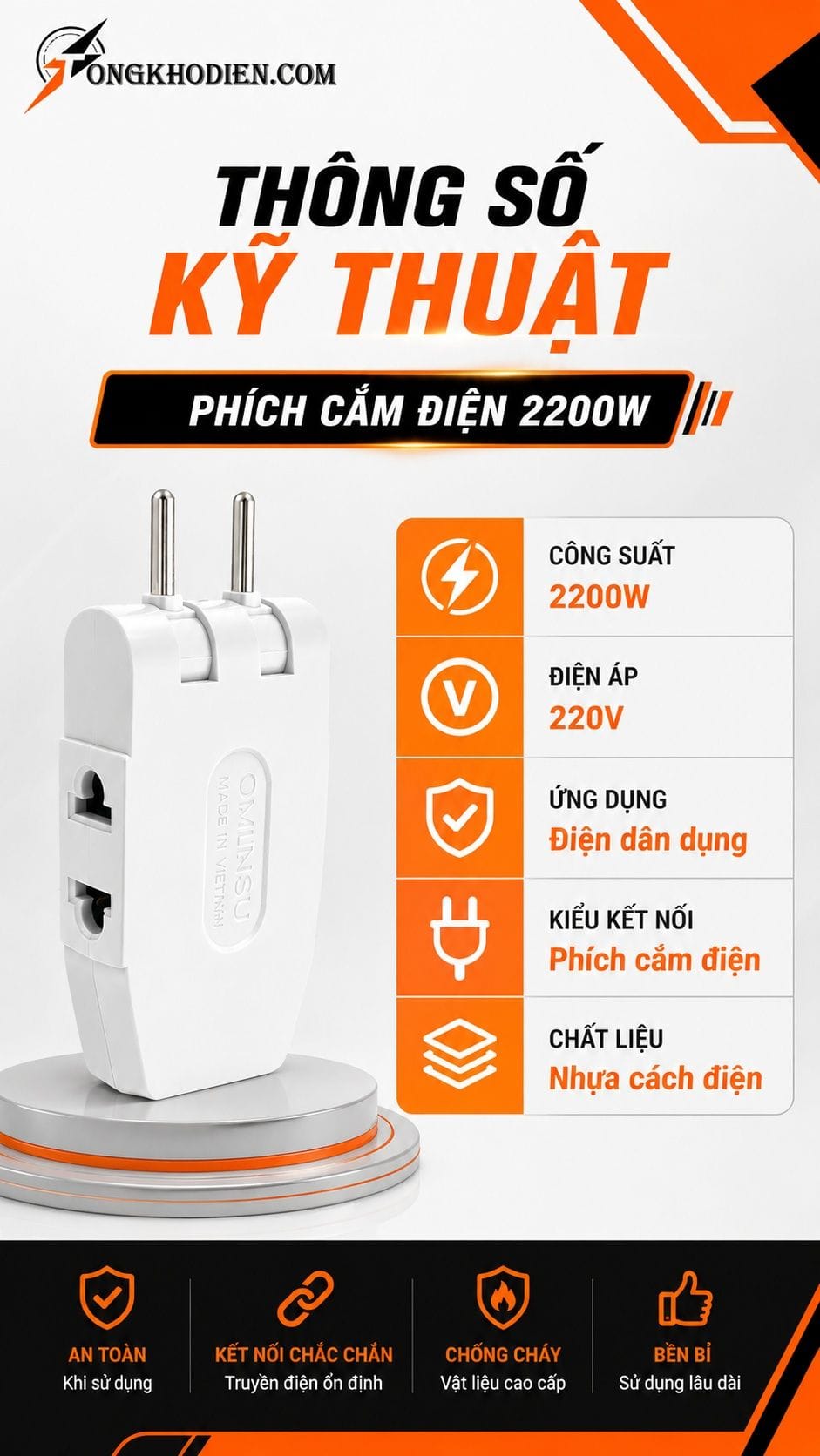 Thông số kỹ thuật phích cắm điện 2200W