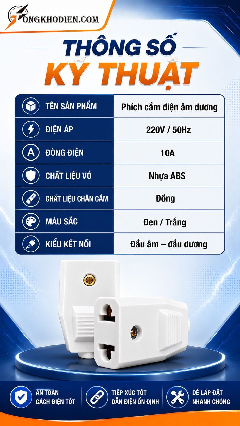 Phích Cắm Điện Âm Dương An Toàn, Dễ Lắp Đặt 7 Thông số kỹ thuật phích cắm điện âm dương