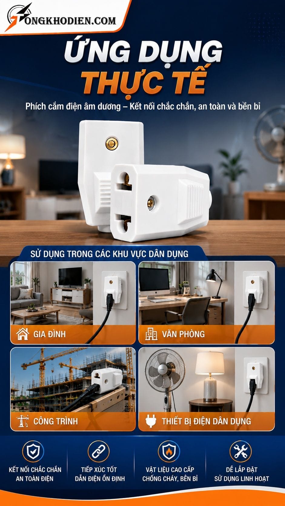 Phích Cắm Điện Âm Dương An Toàn, Dễ Lắp Đặt 8 Ứng dụng thực tế phích cắm điện âm dương
