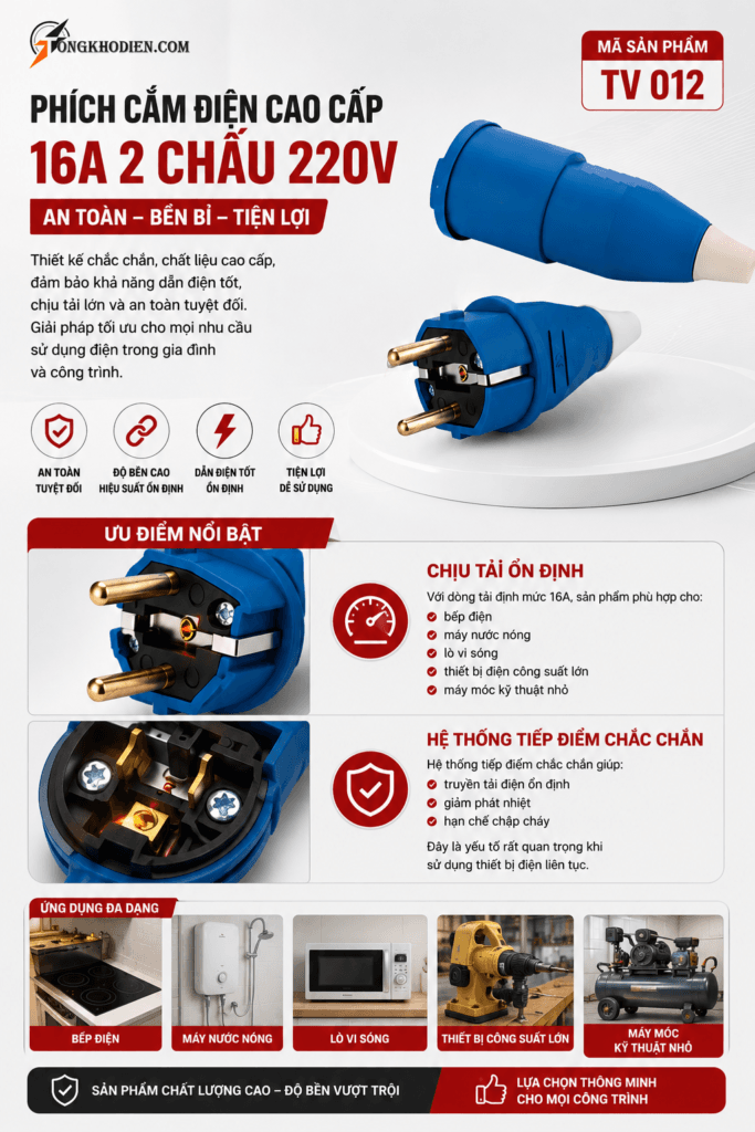 phích cắm điện cao cấp 16A 2 chấu 220V