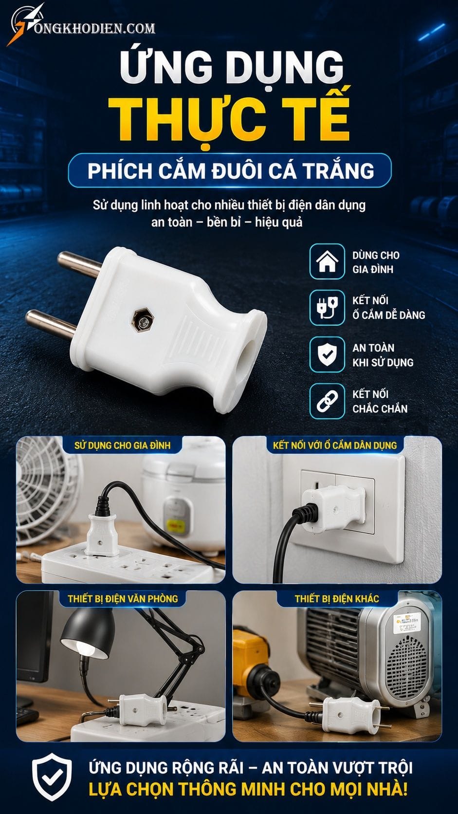 Phích Cắm Đuôi Cá Trắng Chịu Nhiệt An Toàn 10A 7 Ứng dụng thực tế phích cắm đuôi cá trắng
