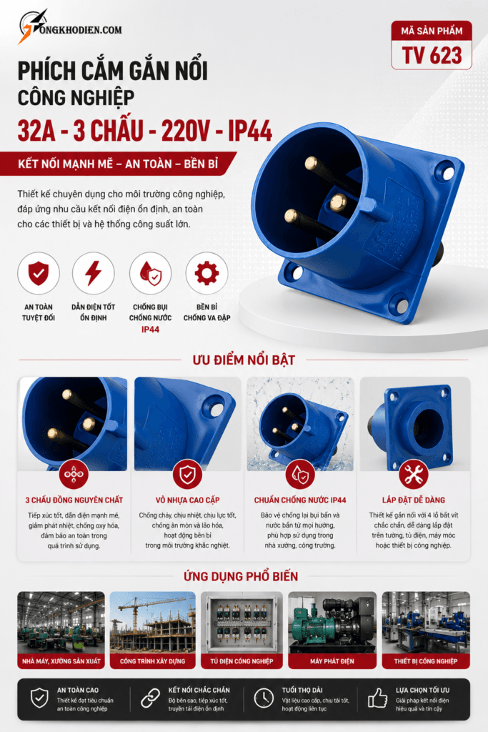Phích Cắm Gắn Nổi Công Nghiệp 32A 3 Chấu 220V IP44 8 phích cắm gắn nổi công nghiệp 32A 3 chấu 220V IP44