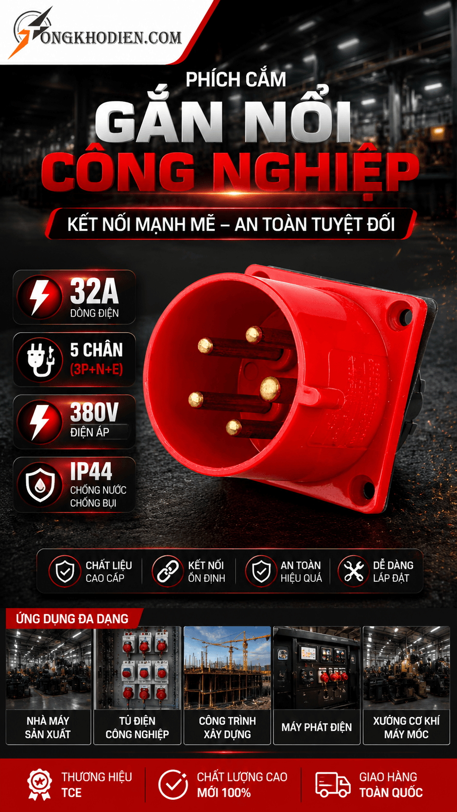Phích Cắm Gắn Nổi Công Nghiệp 32A IP44 TCE 5 Phích cắm gắn nổi công nghiệp 32A IP44 TCE 5 chân 380V