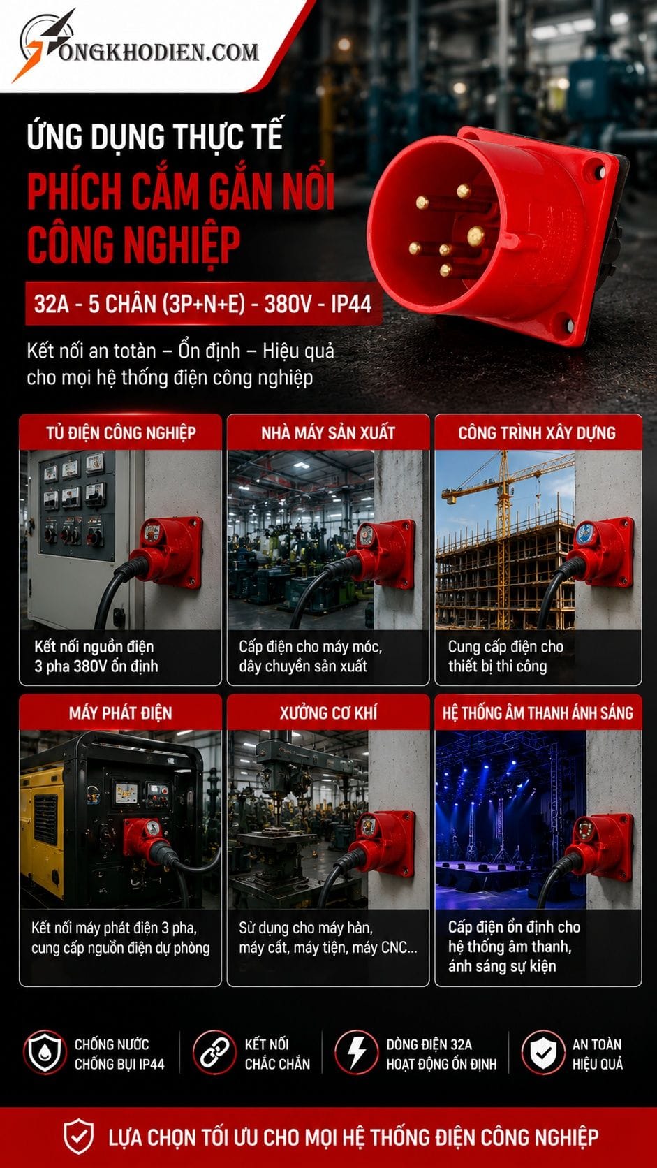 Phích Cắm Gắn Tủ Cố Định 32A IP44 TEE 7 Ứng dụng thực tế phích cắm gắn tủ cố định 32A IP44