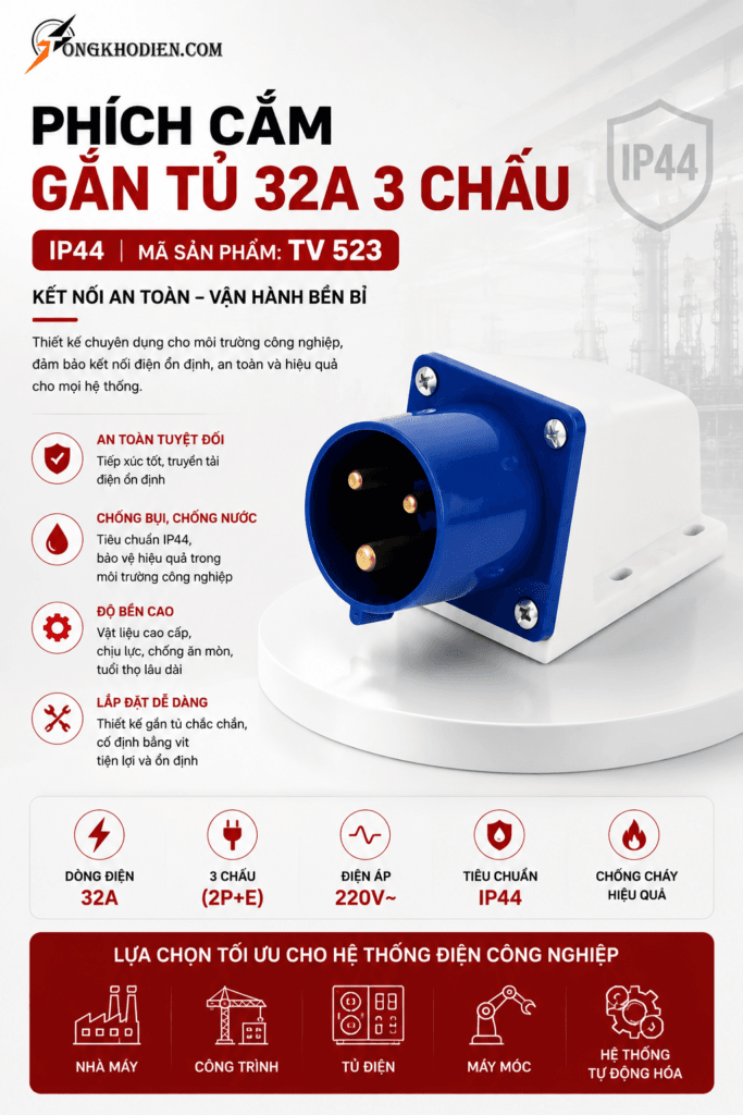 Phích Cắm Gắn Tủ 32A 3 Chấu IP44 Chính Hãng, Chịu Tải Cao 8 phích cắm gắn tủ 32A 3 chấu IP44