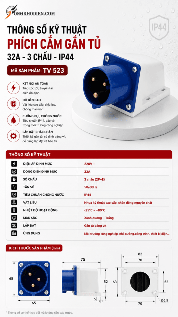 Phích Cắm Gắn Tủ 32A 3 Chấu IP44 Chính Hãng, Chịu Tải Cao 9 phích cắm gắn tủ 32A 3 chấu IP44