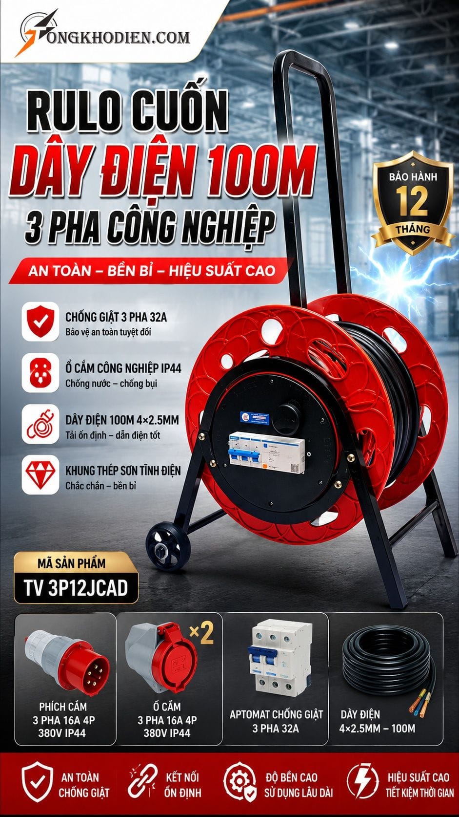 Rulo cuốn dây điện 100m 3 pha công nghiệp