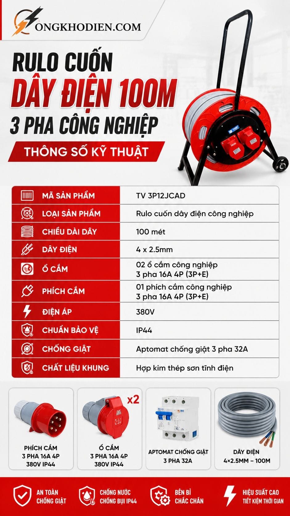 Thông số kỹ thuật rulo cuốn dây điện 100m 3 pha