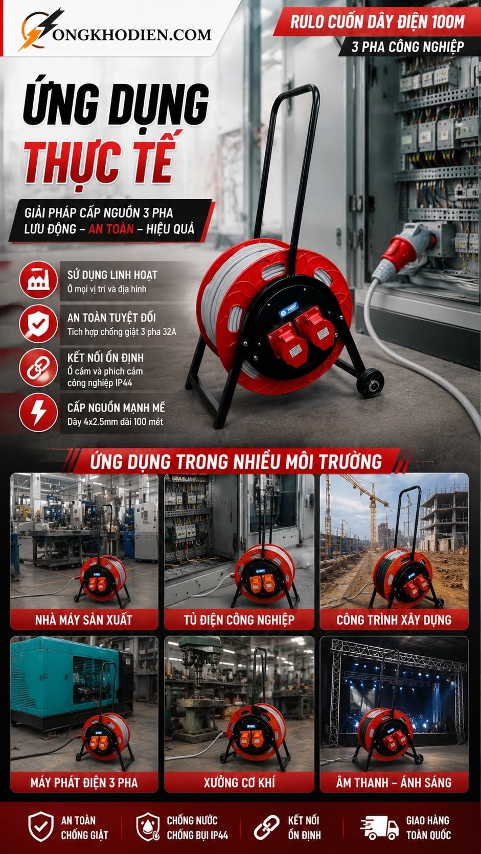 Ứng dụng thực tế rulo cuốn dây điện 100m 3 pha