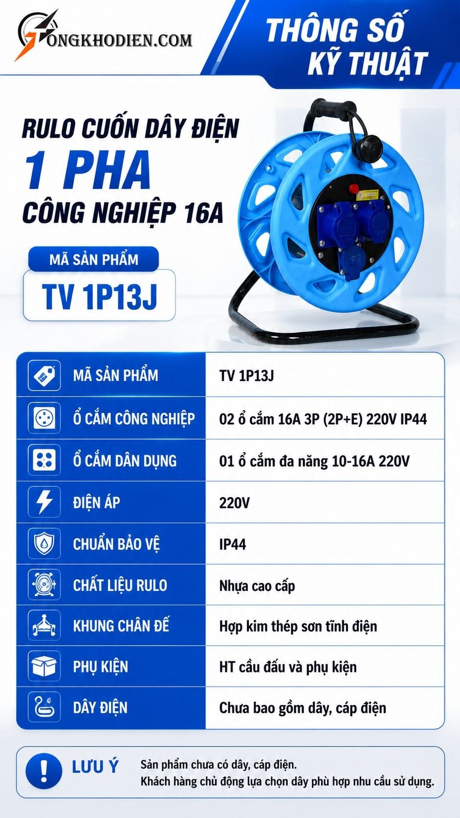 Thông số kỹ thuật rulo điện 1 pha công nghiệp 16A