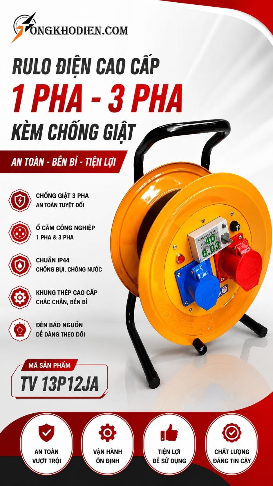 RULO Điện 1 Pha 3 Pha Chống Giật IP44 3 RULO điện 1 pha 3 pha chống giật công nghiệp