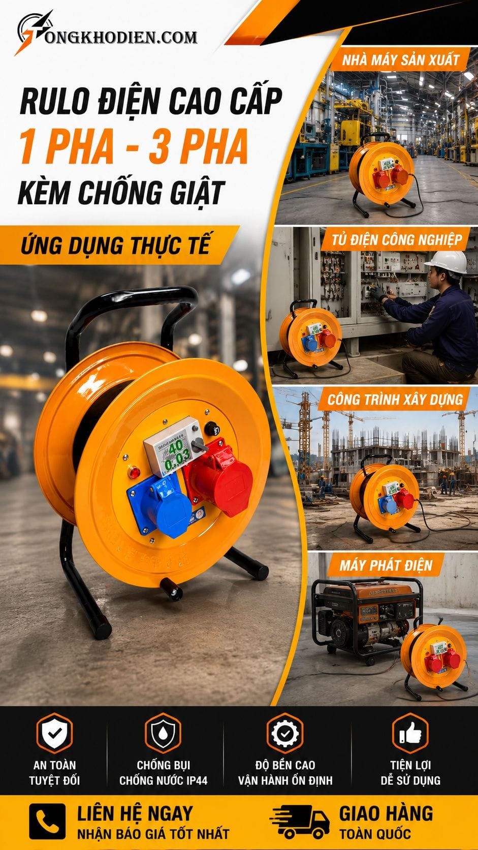RULO Điện 1 Pha 3 Pha Chống Giật IP44 5 Ứng dụng thực tế RULO điện 1 pha 3 pha chống giật