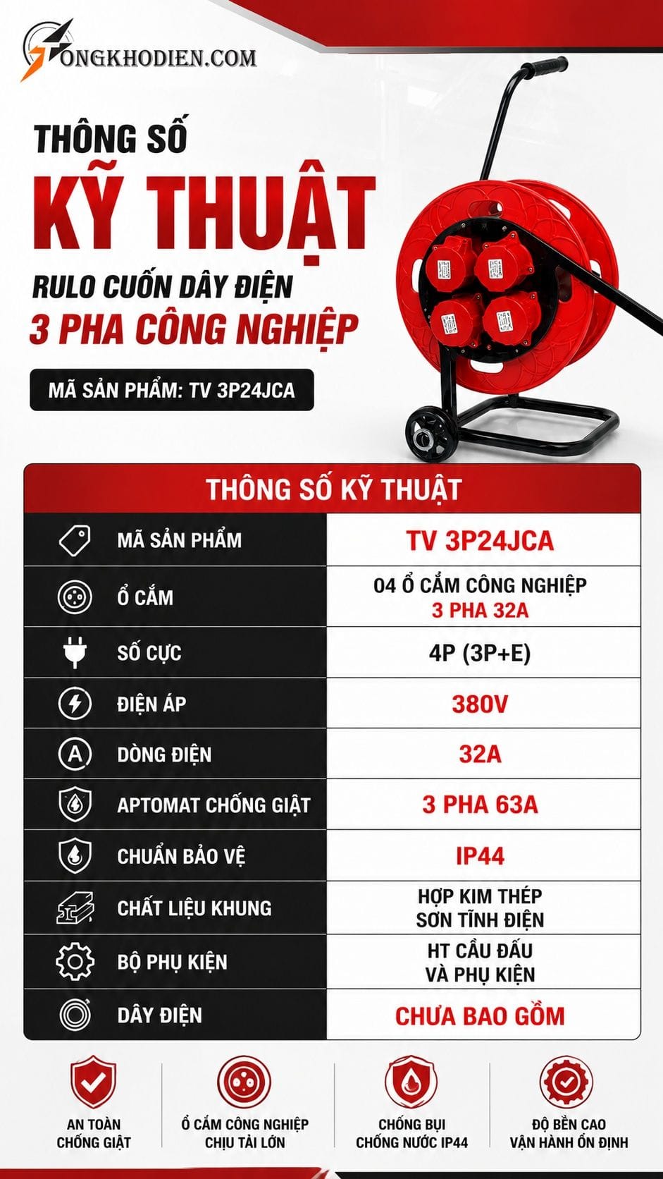 RuLo Điện 3 Pha Chống Giật 32A IP44 9 Thông số kỹ thuật RULO điện 3 pha chống giật 32A