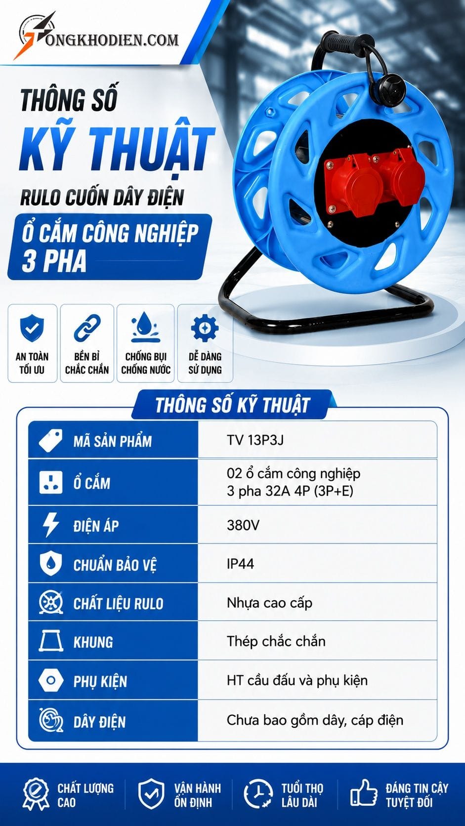 Thông số kỹ thuật rulo cuốn dây điện ổ cắm công nghiệp 3 pha