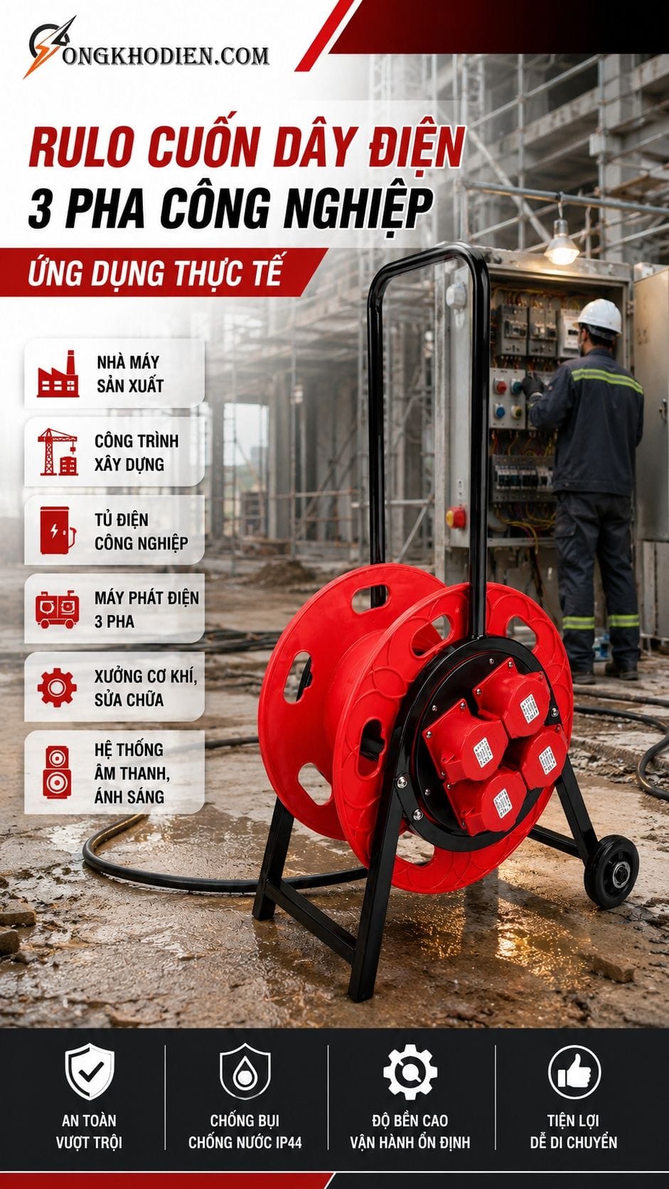 RuLo Điện 3 Pha Chống Giật 32A IP44 10 Ứng dụng thực tế RULO điện 3 pha chống giật 32A