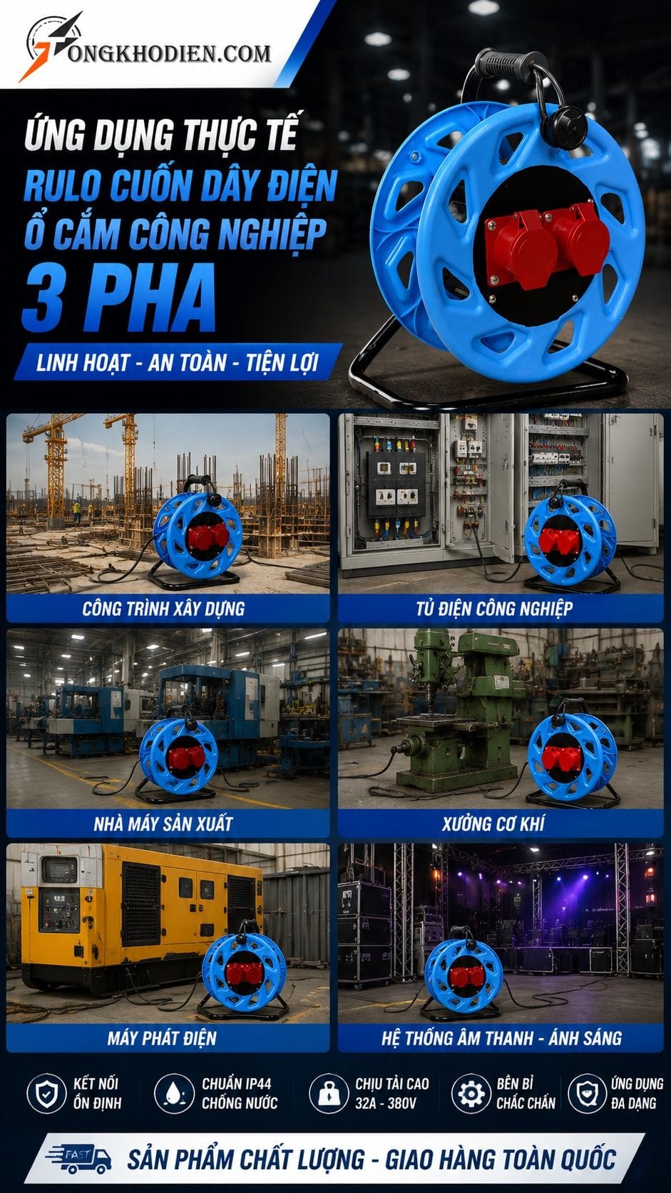 Ứng dụng thực tế rulo cuốn dây điện ổ cắm công nghiệp 3 pha