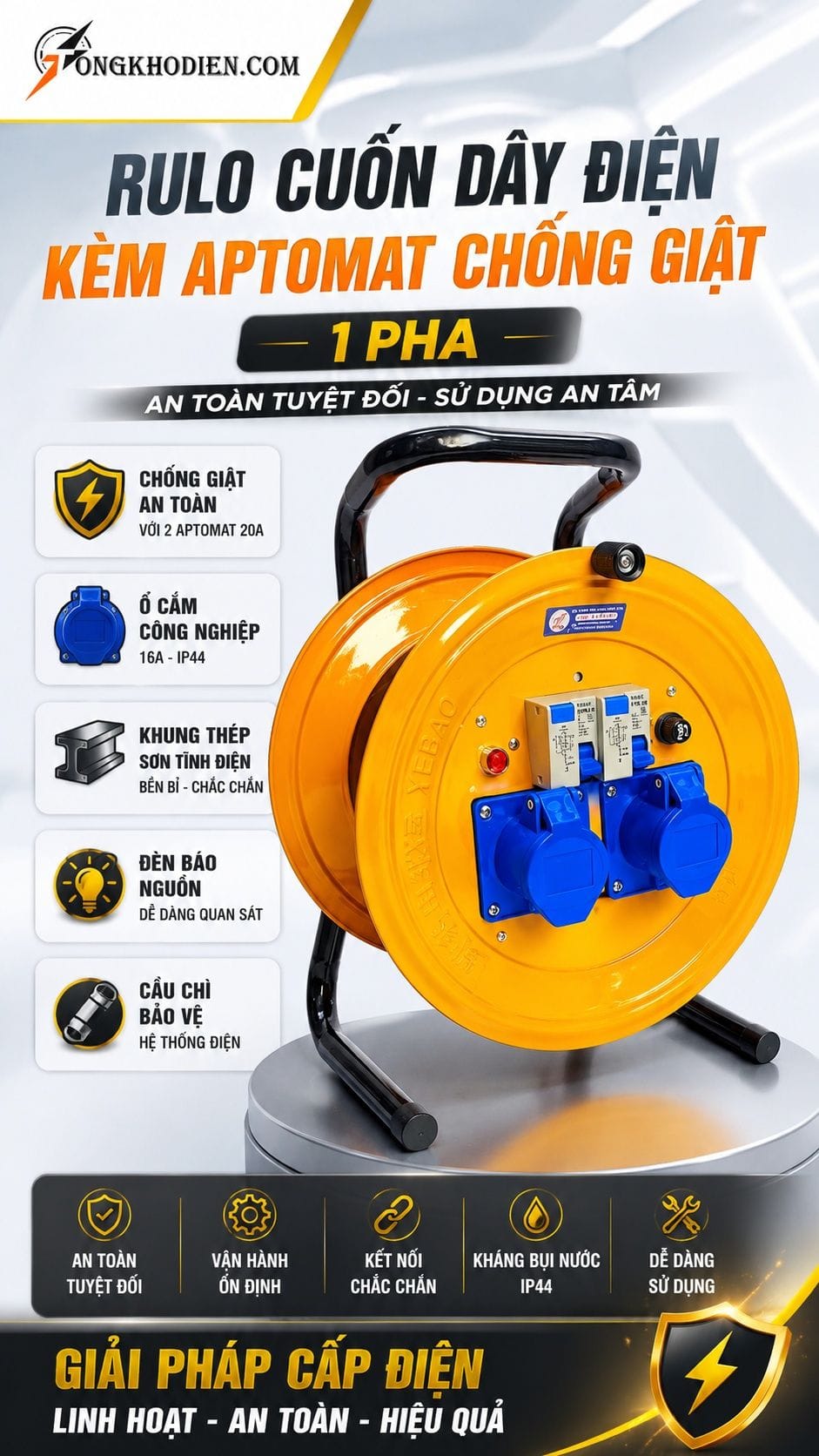 Rulo cuốn dây điện kèm aptomat chống giật 1 pha