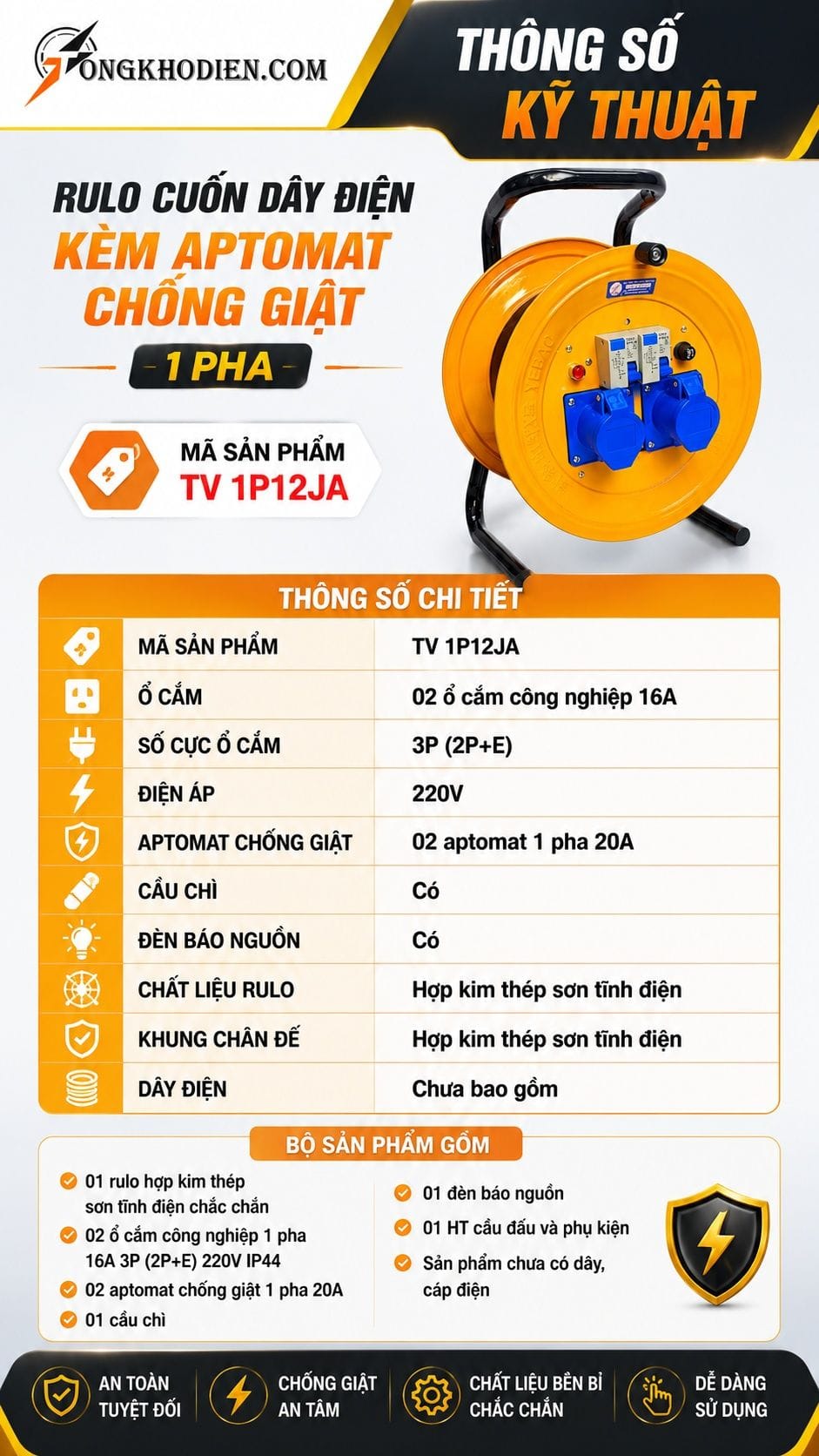 Thông số kỹ thuật rulo điện chống giật 1 pha