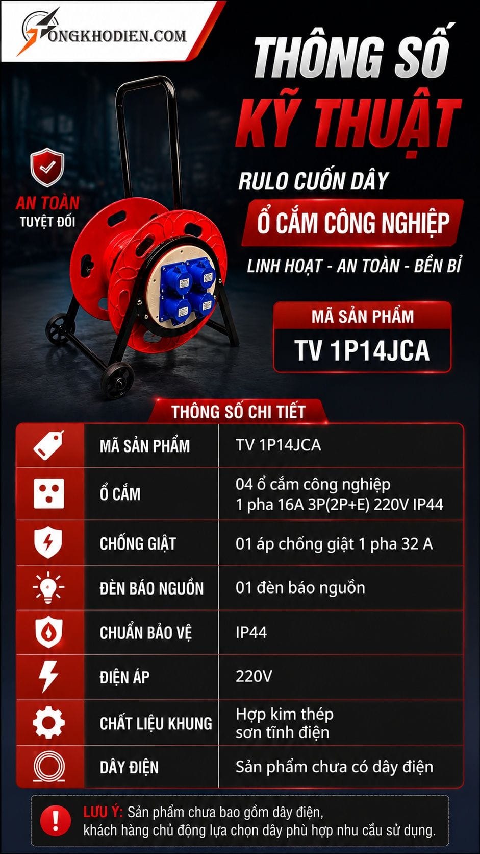 Thông số kỹ thuật rulo cuốn dây điện ổ cắm công nghiệp
