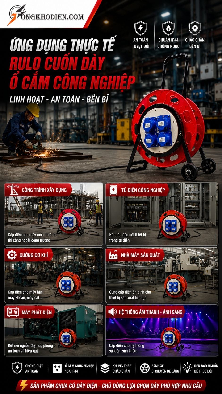 Ứng dụng thực tế rulo cuốn dây điện ổ cắm công nghiệp