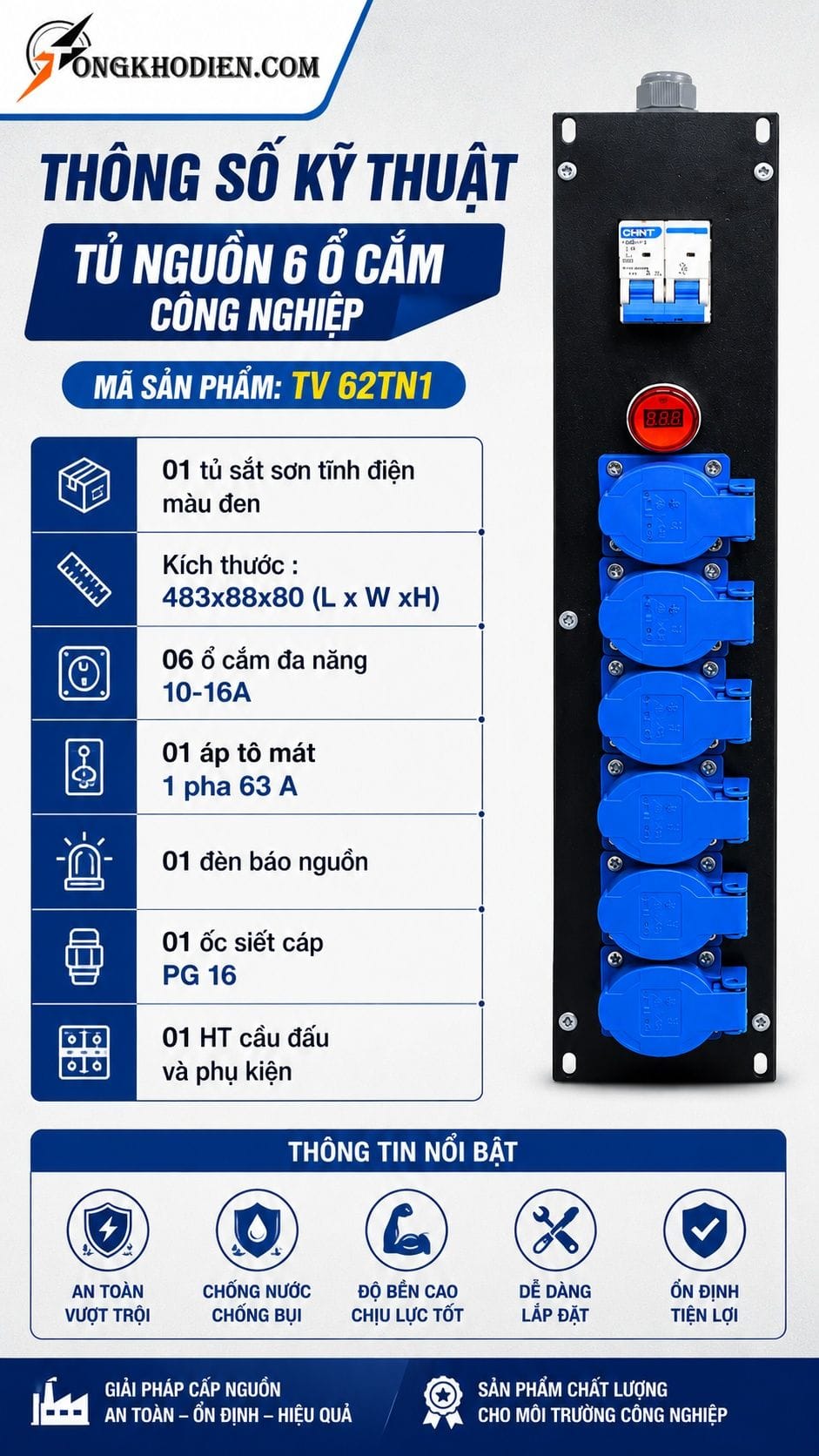 Thanh Nguồn 6 Ổ Cắm Đa Năng Kèm Aptomat 8 Thông số kỹ thuật thanh nguồn 6 ổ cắm đa năng