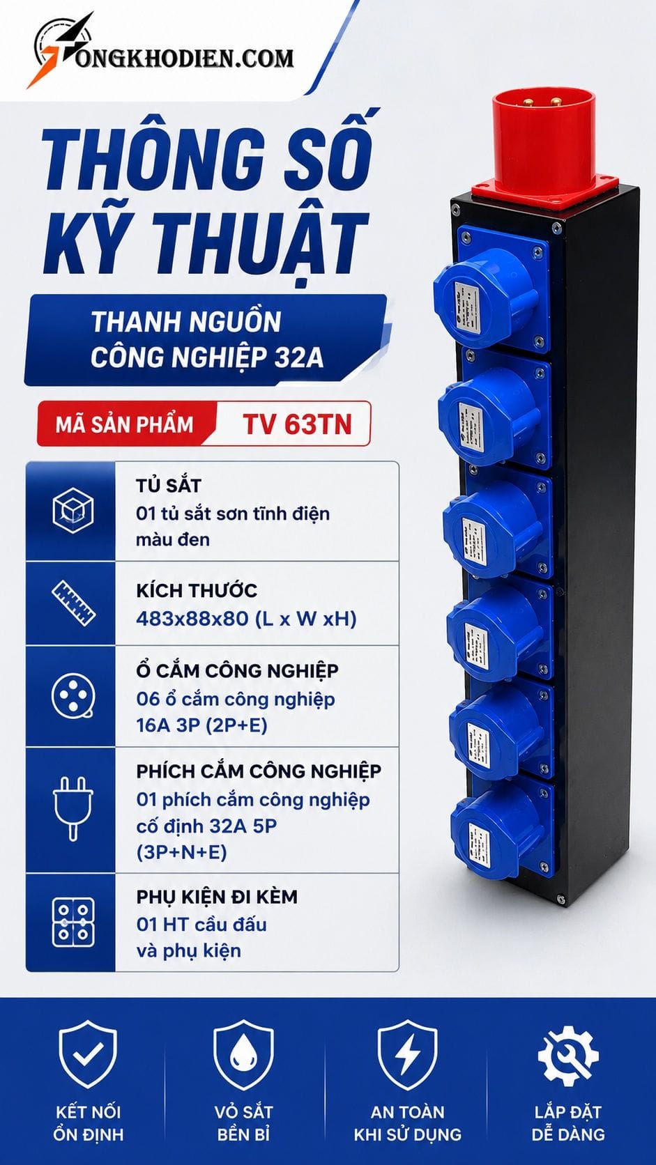 Thanh Nguồn Công Nghiệp 32A Cho Âm Thanh 8 Thông số kỹ thuật thanh nguồn công nghiệp 32A