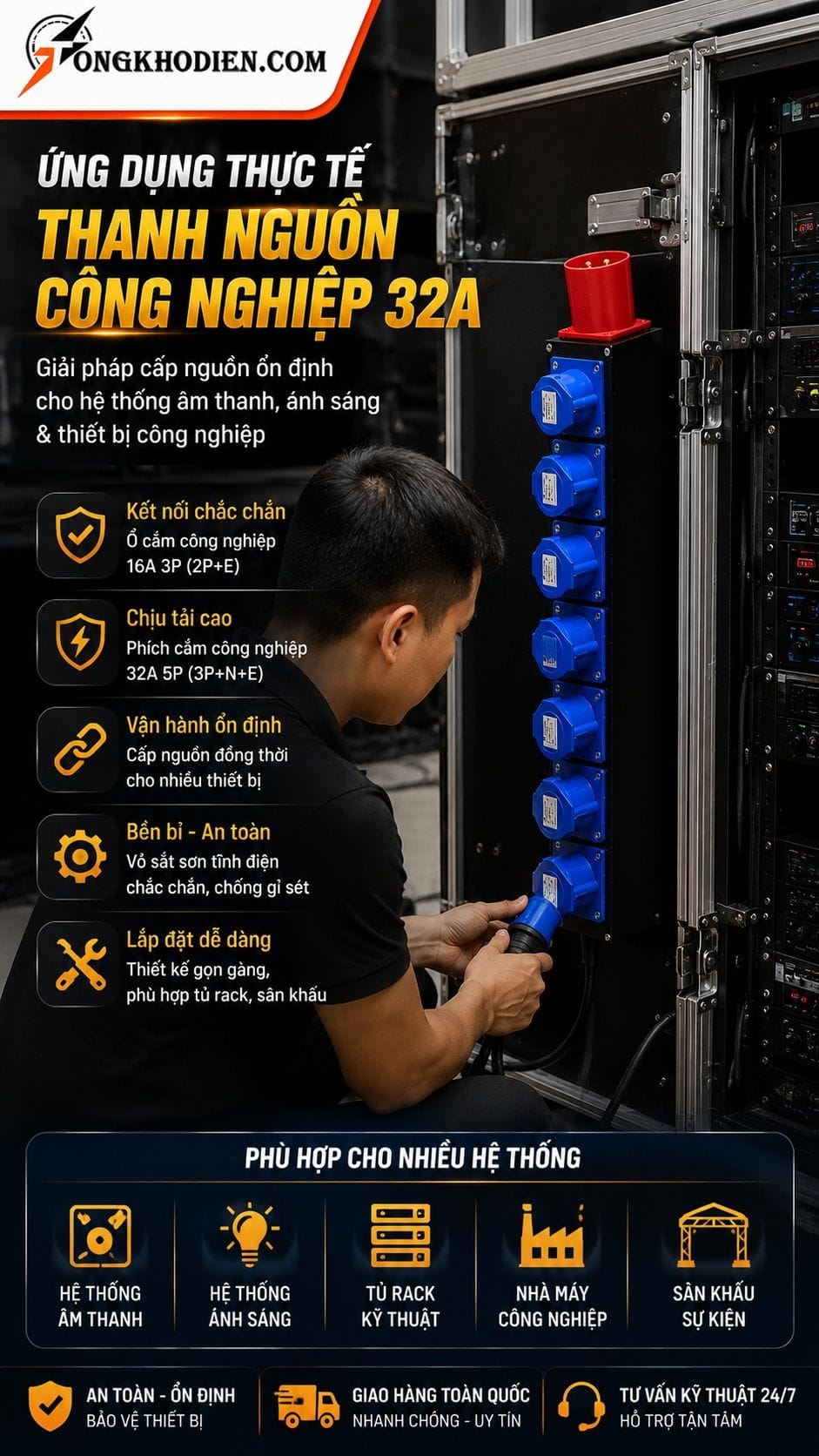 Thanh Nguồn Công Nghiệp 32A Cho Âm Thanh 9 Ứng dụng thực tế thanh nguồn công nghiệp 32A