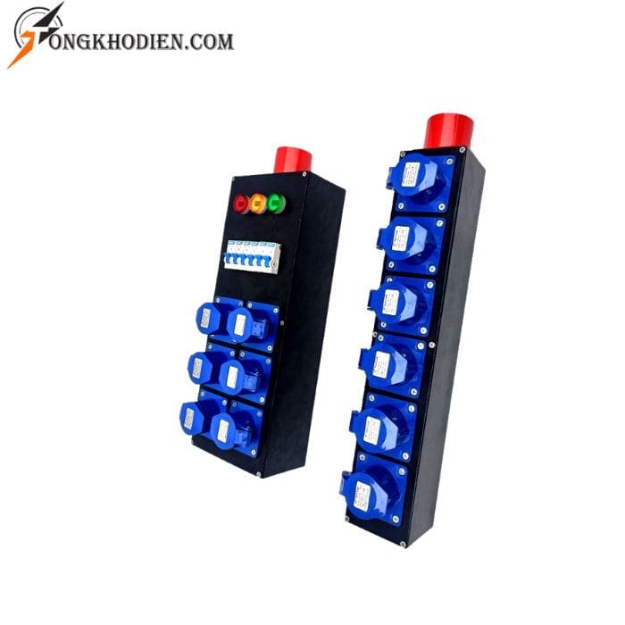 thanh-nguon-cong-nghiep-32a-5 Thanh nguồn công nghiệp 32A TV 63TN với 6 ổ cắm công nghiệp 16A và phích cắm 32A chuyên dụng.